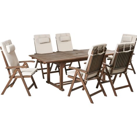 Conjunto de comedor exterior rústico 6 plazas mesa extensible sillas reclinables madera acacia oscura con cojines beige claro Amantea Premium