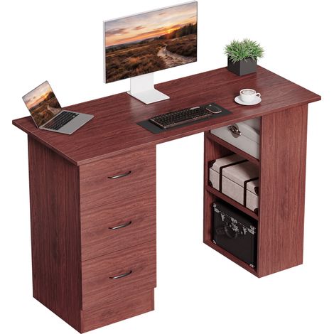 HOMCOM 120cm PC Table Workstation Computer Desk w/ Drawers, 3 Shelves Walnut (1/5)