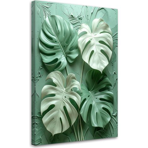 Stampe su Tela, Foglie decorative di Monstera in una composizione verde pastello. - 40x60 (1/2)