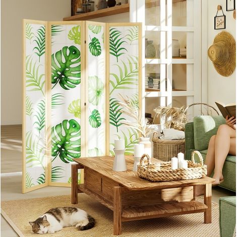 Faltbarer Raumteiler mit 4 Paneelen, Boho-Tropenmotiv, 170 cm, Holz und Vlies, grün HAVRYA (1/4)