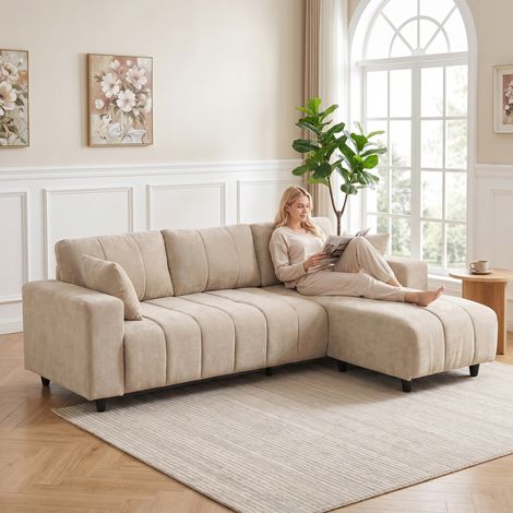 Canapé d'Angle Modulable 242 cm, 3 Places en L Méridienne Réversible, 2 Oreillers, Lin, Beige (1/5)