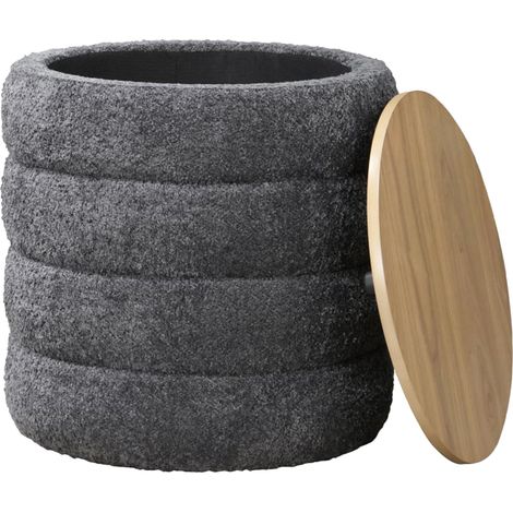 ARTA - Pouf coffre effet peau de mouton gris foncé et bois (1/3)