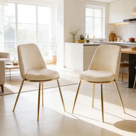 Sedia da pranzo in velluto crema bianco con gambe metalliche oro, schienale alto ergonomico,56×47×82cm (1/5)