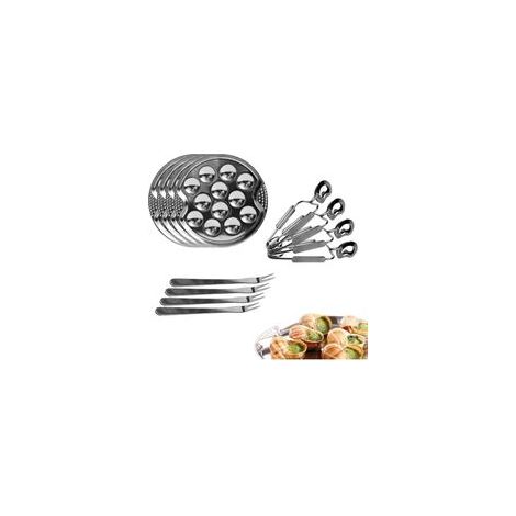 Kit de dégustation d’escargots – 4 assiettes (12 unités au total), fourchettes et pinces en acier inoxydable argentées, 19 cm (1/5)