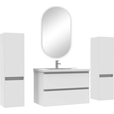 Ocean ensemble meubles Salle de Bain avec colonne + miroir ovale mural 80cm meuble blanc