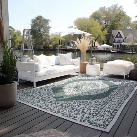 Tapis Oriental réversible résistant aux intempéries et imperméable - Design Vintage - Tapis d'extérieur Oriental pour Jardin, Balcon, terrasse, Salon - Vert - 200 x 290 cm (1/5)