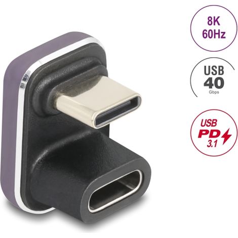 Delock Adaptador USB-Câ¢ en Ã¡ngulo de 180Â° 40 Gbps PD 3.1 240 W macho a hembra en forma de U 8K 60 Hz de metal
