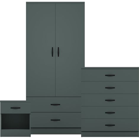 Riano 3 Piece Bedroom Set (1 Drw Bedside Chest, 5 Drw Chest, 2 Door 2 Drw Wardrobe), Green (1/3)