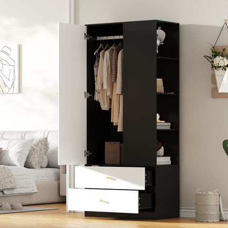 Armario con espejo, 180 cm de alto, 2 cajones, 1 barra para colgar ropa, estantes, tablero de partículas, blanco/negro (1/5)