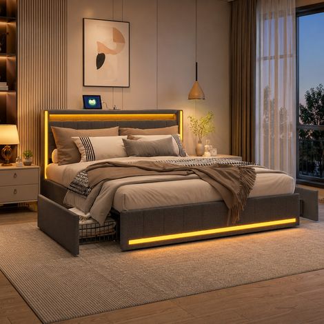 Lit double 160x200 cm, lit adulte avec LED et chargement USB, 4 tiroirs, sommier à lattes, en lin, gris foncé, matelas non inclus (1/5)