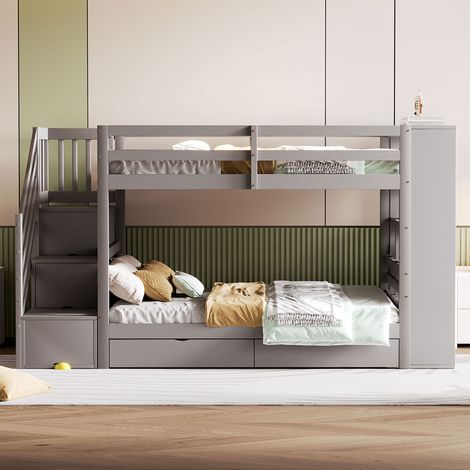 Lit superposé 90 x 200 cm, avec échelle de sécurité, tiroirs de rangement et placard, gris (1/5)