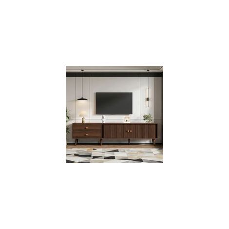 Meuble TV bas 180x40x46,5 cm effet noyer, 2 tiroirs, 2 portes coulissantes, 7 pieds, pour écrans jusqu'à 80'', MDF, noyer
