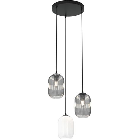 Lampadario 3 Luci Selene Base Tonda Acciaio Nero Vetri Plissettati Bianco E Fumè (1/5)
