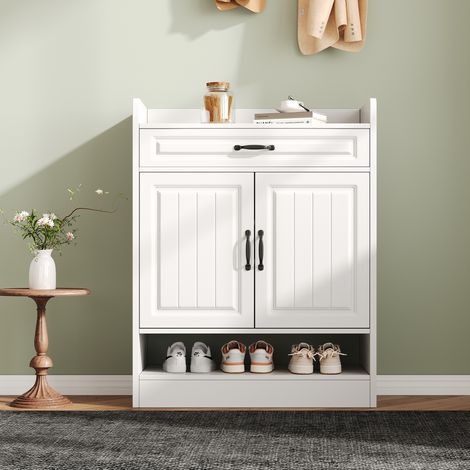 Zapatero 75x36x95.5 cm blanco en tablero de partículas con 2 puertas, cajón, estantes ajustables y repisa superior (1/5)