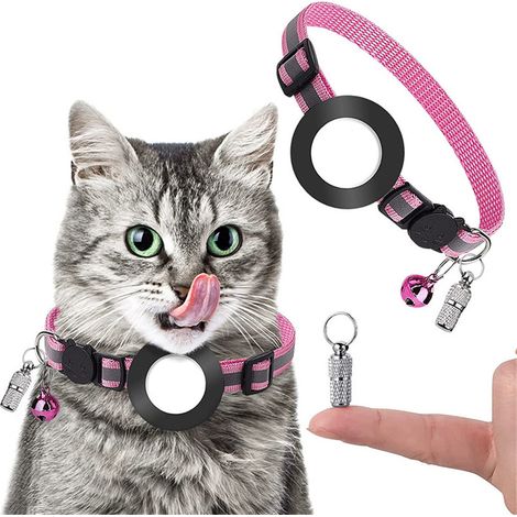 ZOLGINAH Collar Airtag para Gato, Collar Reflectante para Gato con Campana, Etiqueta de Identificación de Etiqueta de Nombre, Soporte Impermeable, Hebilla de Seguridad, Ajustable 18-27cm-Rosado (1/5)