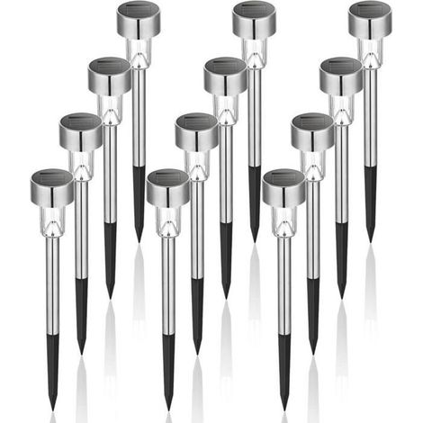 LED solar garden lights, stainless steel, set of 12, white color for landscape or pathway lighting.