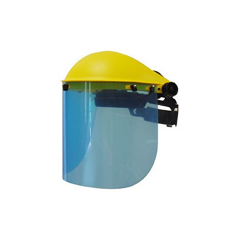 Visière de protection professionnelle à écran plastique polycarbonate relevable. Réglage du tour de tête par crémaillère. Norme