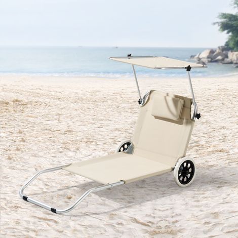 Lettino Prendisole Portatile con Rete Portaoggetti, Sdraio Pieghevole con Schienale Reclinabile, Tettuccio Parasole e 2 Ruote - Supporto Fino a 110 kg - Beige (1/5)