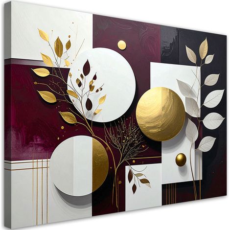 Impression sur Toile, Abstraction géométrique bordeaux de cercles et de plantes,30x20 (1/4)