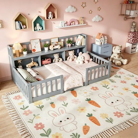 JOOKGBD-Letto Montessori per bambini 90x200cm con barriere di sicurezza, letto in legno massello con mensole laterali a 3 scomparti aperti, per bambini dai 3 ai 12 anni, legno massello, grigio