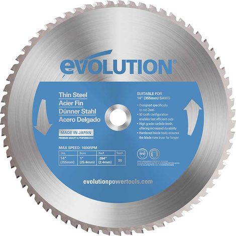 Lame de précision pour acier TCT 355mm Evolution 90 dents alésage 25.4mm pour scie à onglet et scie à tronçonner (1/2)