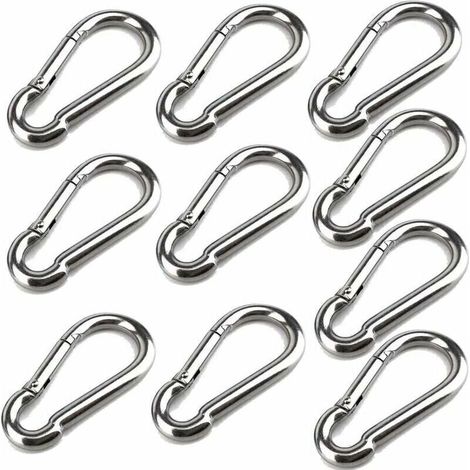 10 Karabinerhaken, 40 mm x 4 mm, Edelstahl 304, mit Schnapphaken, Tragfähigkeit bis ca. 80 kg.