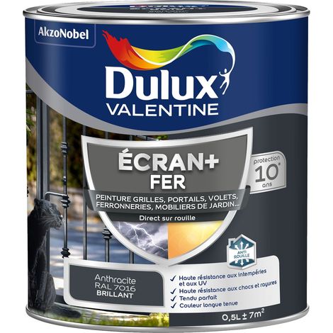 ECRAN+ FER BRILLANT - Peinture pour fer intérieur/extérieur - Grilles, portails, volets, ferroneries, mobiliers de jardin - Gris Anthracite 0,5 L - Dulux Valentine