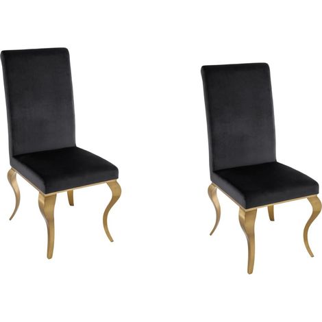 Duo di sedie VELENA in velluto nero - Schienale alto 104cm e gambe dorate curve (1/5)