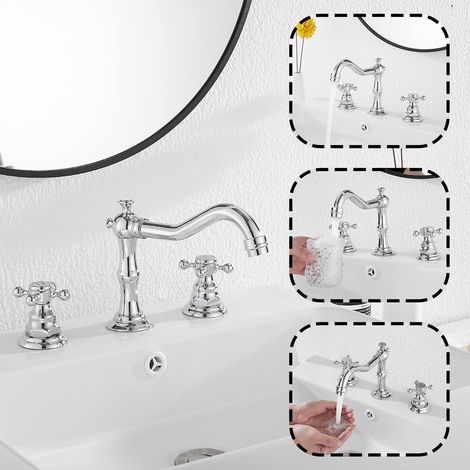 Mitigeur lavabo 3 trous vintage double poignée – Robinet large pour vasque de salle de bains – Installation murale 8 pouces – Adapté pour baignoire 3 orifices – Modèle argenté bas