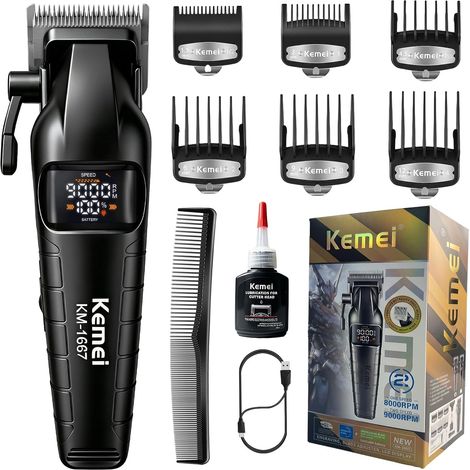 Professional Hair Clipper Man, Black Beard Trimmer T-Blade Ceramic LED Display Motor 9000rpm Long Battery Life 6 Clogs Home (1/5)