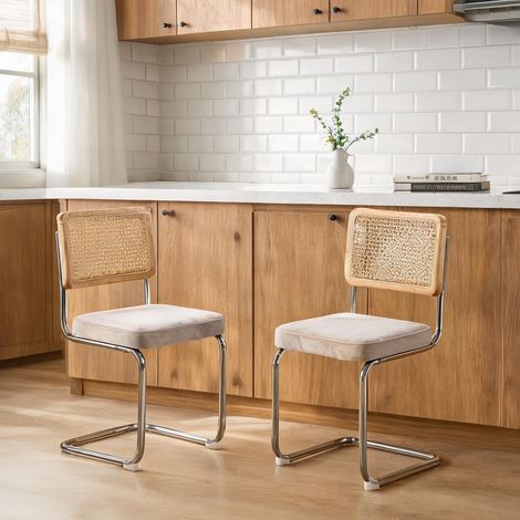 Lot de 2 chaises velours beige cannage rotin piètement acier (1/5)