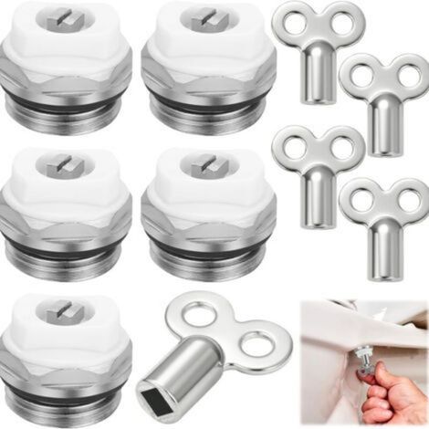 Lot de 5 valves de purge de radiateur avec 5 clés de purge 1/2\" en laiton nickelé Valve de purge de chauffage manuelle Valve de chauffage Valve de purge Avec tête rotative en plastique (1/5)