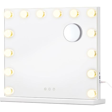 Miroir Maquillage Lumineux pour Coiffeuse, 14 Ampoules LED, Grossissant x10, 3 Couleurs, Tactile, Port USB, de Table, Mural, 44 x 50 x 5,7 cm, Blanc Mat, Collection Berit (1/5)
