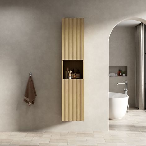 Armario de Baño con 2 Puertas y 1 Hueco Abierto, Estantes Ajustables, para Espacios Pequeños, Roble Dorado (1/5)