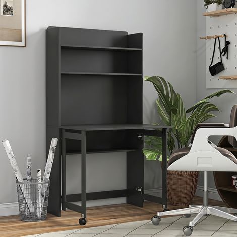 Bureau Informatique avec Étagères de Rangement, Plateau Rabattable, 2 Roulettes, pour Chambre, Salon, 80x69x155cm, Noir (1/5)