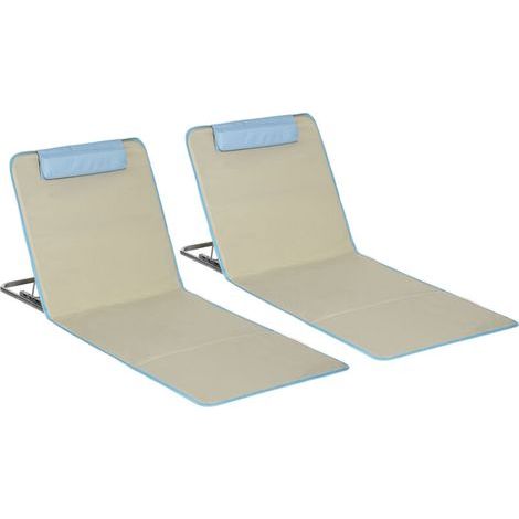 Tapis de plage. lot de 2. transat de plage pliable avec appui-tête. matelas de plage réglable en hauteur sur 5 niveaux avec sac de transport. acier. beige. 134 x 48 x 33-43 cm (1/5)