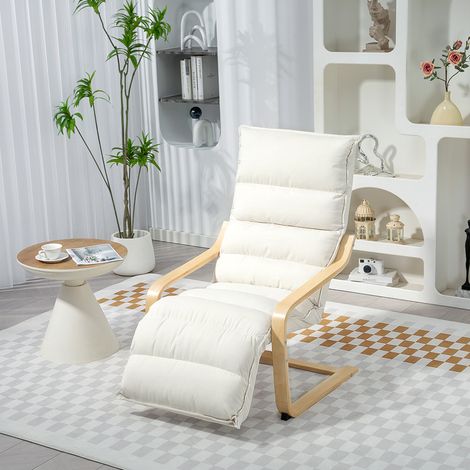 Fauteuil lounge avec repose-pieds réglable, revêtement en velours et structure en bois, 67 x 93 x 105 cm, couleur crème (1/5)