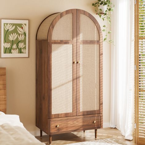 Kleiderschrank mit Schubladen, Holztüren mit Leinenstoff-Bezug, großer Stauraum, Garderobenschrank für Schlafzimmer, moderne Aufbewahrungslösung (1/5)