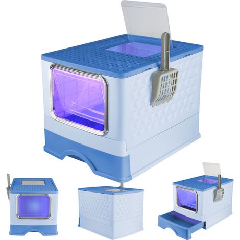 ® Bac à litière pour chat, Stérilisation Maison de toilette pliable pour chat, tiroir à litière coulissant, pelle,52x39x39cm, bleu (1/5)