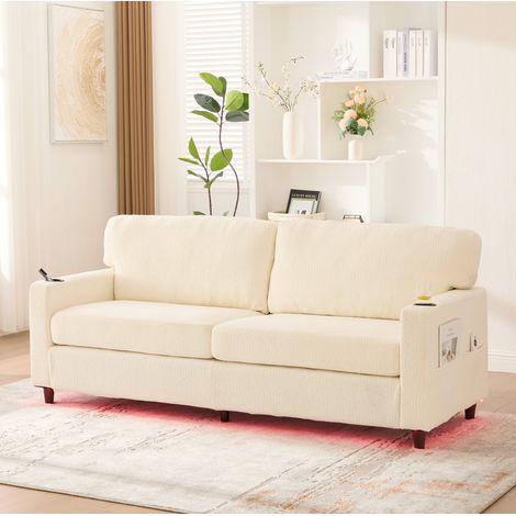 Canapé 2 places 203x77.5x86 cm beige en chenille avec USB-C, LED, porte-gobelets et poches latérales (1/5)