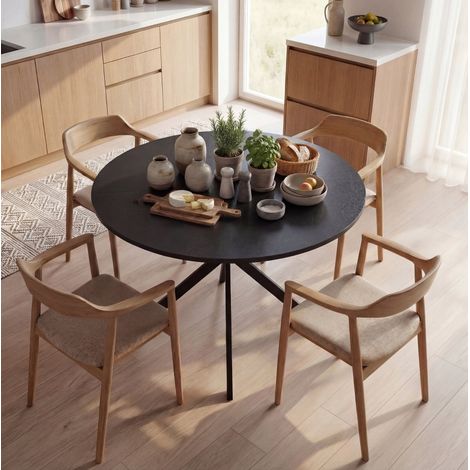 Mesa de comedor redonda Ø 100 cm en negro con patas de acero estilo industrial (1/5)