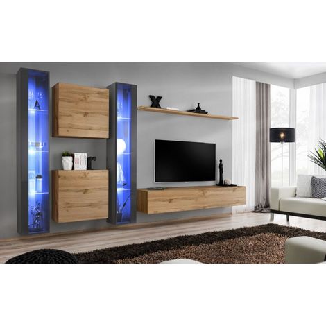 Ensemble mural - Switch XVI - 2 vitrines LED - 2 vitrines carrées - 1 banc TV - 1 étagère - Bois et graphite - Modèle 2 - Livraison gratuite