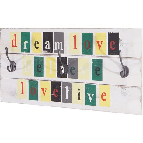 Appendiabiti da parete dream-love-believe-Love-Live pannello colorato con 3 ganci design vintage 30x60cm 040001022