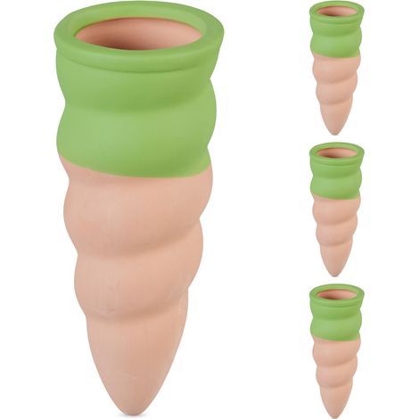 Relaxdays Annaffiatoio Automatico per Vasi, Set da 4 Coni in Ceramica, Irrigatori per Bottiglie 1,5 L, Terracotta Verde