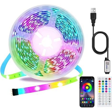Bande lumineuse TV, 5M Ruban USB LED TV pour 55-70 inch TV avec sync de musique/timer Télécommande et Bluetooth app Contrôlé Flexible RGB Led Changement de couleur pour Home TV décoration (1/5)