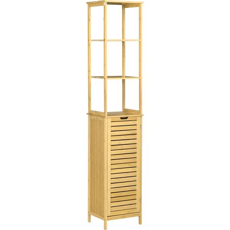 Colonne de rangement en bambou 34 x 30 x 173 cm avec 3 étagères ouvertes et 1 armoire, protection anti-basculement, ouverture sans poignée - pour salle de bain et petits espaces (1/5)