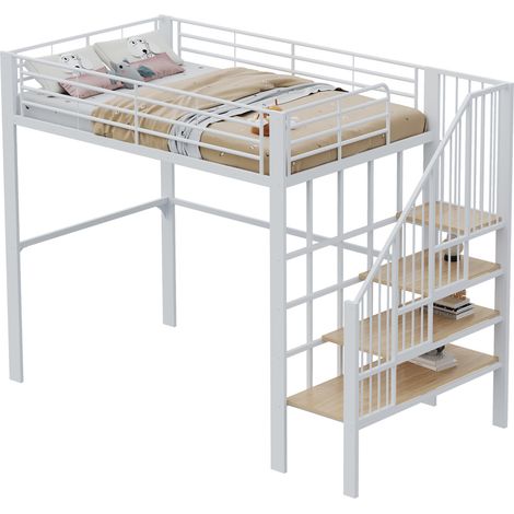 Lit mezzanine 140 x 200 en métal blanc avec escalier intégré et grand espace de rangement dessous, structure stable pour enfants et adultes  CHICFURN (1/5)