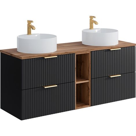 Mobile per bagno sospeso con scanalature nicchie lavabo doppio appoggio tondo L140cm Nero naturale chiaro - ZEVARA (1/4)
