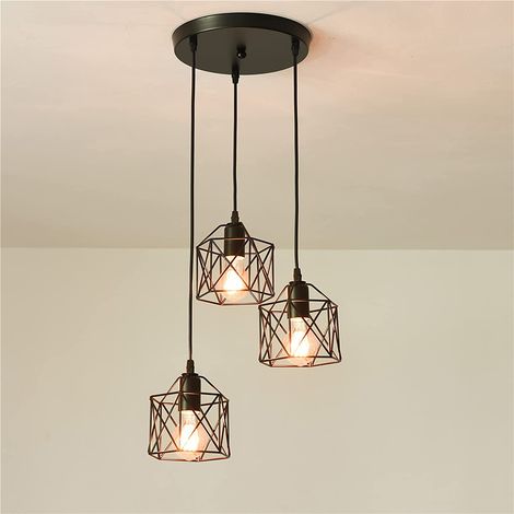 GOECO Industrial Pendant Light, 3 Way Black Geometric Vintage Ceiling Lights, Industrial Flush Mount Ceiling Lighting Fixture for Kitchen, Dining Room, Hallway, Doorway, E27(Not Included Bulb)