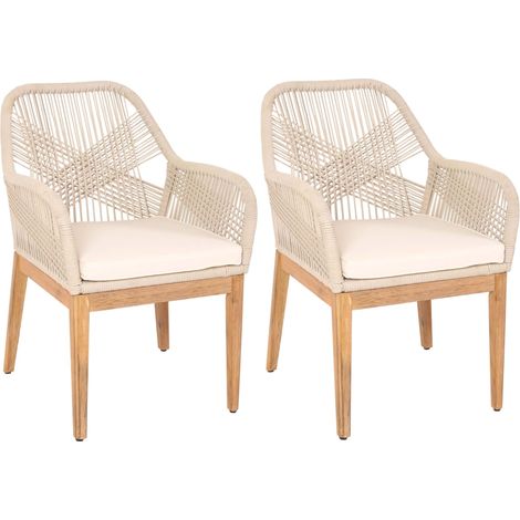 2er-Set Gartenstuhl HHG-678b, Sessel Outdoor Stuhl, wetterfest Seilgeflecht Rope Holz Akazie beige Kissen creme-weiß